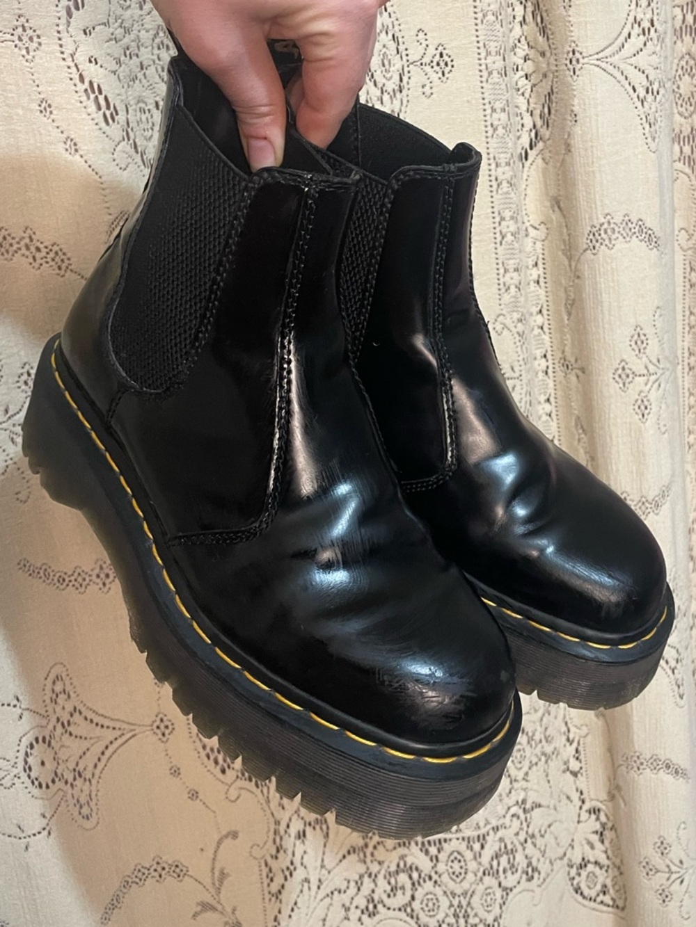 Doc martens: Chunky Black quad Platform Chelsea Boots with Yellow Stitching